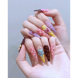 CAMILCY Press on Nails Handmade Nails Luxury Reusable Fake Nails For Girls Long Almond Armor Tip Mixed Color Diamonds Hand Painted Salon Loveful Design Acrylic Gel UV Finished 3D Nails 10PCS(B08, L)