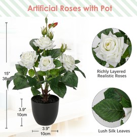 Hollyone Artificial Plants & Flowers with Vase White Roses Artificial Flowers Potted Plant Faux Silk Flower with Black Pot Fake Rose Flower Arrangement Home Decor Table Desk Decorations 15 Inch