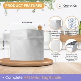 Crunch Co. MRE Mylar Bag Bundle - 50x (7.5 Mil - 7.5" x 8.5’’) Stand-Up Zipper bags, 50x 400cc Oxygen Absorbers, 50 labels - Heat Sealable & Withstand Boiling Water - Long-Term Food Storage