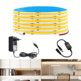 Arotelicht 2 m COB LED Strip 3000 K Warm White Complete Set with 24 V Power Supply & Dimmer, 640 LEDs (320/m), 8 mm Width, 5 cm Cuttable, IP20 Interior Lighting for Furniture/Cabinets