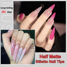 MUSILAN Stiletto Nail Tips,Full Cover 120pcs Stiletto Press On Nails Pre etched Stiletto Soft Gel X Nails Clear Fake False Nails Stiletto Nails French False Nails,Half Matte Fake Gelly Tips,12 Sizes