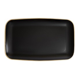EcoQuality 18" x 11" inch Disposable Rectangular Black Plastic with Gold Rim Serving Tray, China Like Party Trays, Heavy Duty Dinner Serving Plate, Platter, Weddings, Baby Showers, Catering (6)
