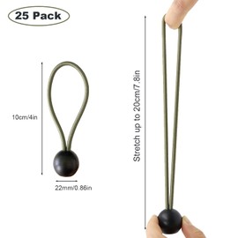 LOOGI Bungee Cord with Balls, 25Pcs 4 Inch Green Bungee Ball Cords, Heavy Duty Tarp Bungees Ties Elastic Tie Down Straps for Tarpaulin Tent Camping Pavilions Flag Marquee