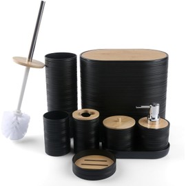 8 Juego de Accesorios de baño, Accesorios de Baño con Dispensador de jabón, Soporte para Cepillo de Dientes, Escobilla de baño y soporte, Vaso de Enjuague, Jabonera, Bote de Basura, Soportes Qtip(Neg)