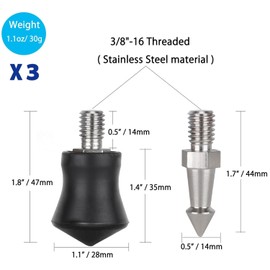 Universal Rubber Feet Tripod Spike Non-Slip Tripod Feet Stainless Steel Spike 3/8" Replacement Spike Compatible with 3/8"-16 Thread Tripod Monopod - 3 PCS