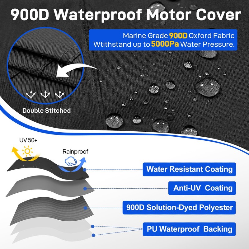 Outboard Motor Cover, 900D Waterproof Boat Motor Cover, Black