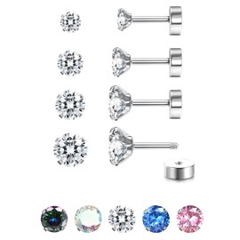 JeweBella 4 Pairs G23 Titanium Earrings Hypoallergenic Flat Back Earrings Cubic Zirconia Titanium Stud Earrings for Women Men Silver Helix Cartilage Tragus Sleeper Earrings for Multiple Piercings