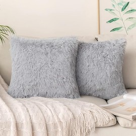 DJDEA Cushion Covers, Set of 2, Cuddly Cushion, Fluffy Cushion, 45 x 45 cm, Grey, Artificial Fur, Decorative Cushion, Fluffy Cushion Cover for Sofa, 40 x 40 cm