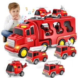Camión de Juguete para Niño, 5 en 1 Camiones de Transporte de Inercia con 3 Mini Coches y 1 Avión, Juguete Coche de Bomberos con Luz y Sonidos, Regalo de Navidad, Cumpleaños, Car Toys de 3+ Años