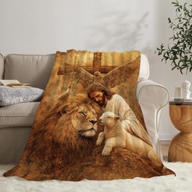 Jesus Blanket Lion Lamb Throws Christian Cross Print Plush Fuzzy Fleece Blankets Gifts for Girls Boys Women Super Soft Warm Cozy God Eagle Stuff for Men Women Couch Bed Sofa Bedding Decor 50"x40"