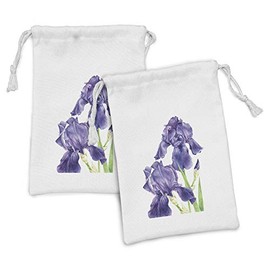 Lunarable Iris Flower Fabric Pouch Set of 2, Watercolor Spring Flora High Detailed Hand Painting on Plain Backdrop, Small Drawstring Bag for Toiletries Masks and Favors, 9" x 6", White Lavender Blue