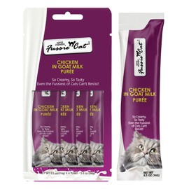 Fussie Cat Super Premium Chicken in Goat Milk Puree, lickable cat Treats, 0.5oz Pouch Pack of 4
