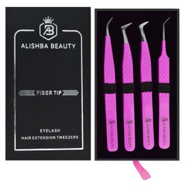BEAUTICS Alishba Beauty Eyelash Extension Tweezers, Precision Fiber Tip Grip Japanese Stainless Steel Profiessional (Set of 4 Eyelash Tweezer) (HOT PINK)