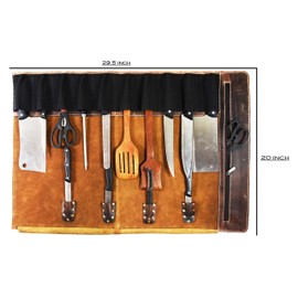 Leather Knife Roll Storage Bag, Elastic and Expandable 10 Pockets, Adjustable/Detachable Shoulder Strap, Travel-Friendly Chef Knife Case (Dark Brown, Leather)