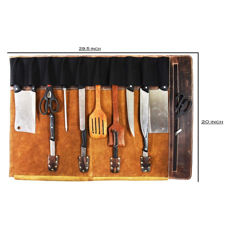 Leather Knife Roll Storage Bag, Elastic and Expandable 10 Pockets,