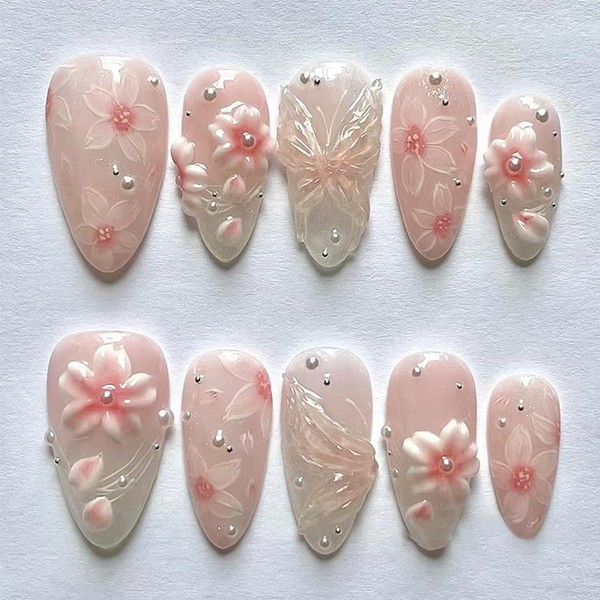Pink Flower Press on Nails Medium Almond 3D Fake Nails