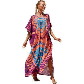 Vestido de playa tipo caftan, talla grande, para cubrir la playa, color caftán, A-18-naranja y morado, One Size-XX-Large