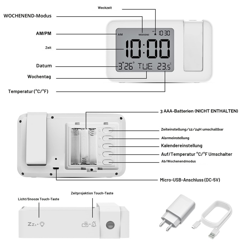 CHEREEKI Projection Alarm Clock, Alarm Clock with Indoor Temperature, 4