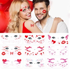 10 Sheets Valentine's Day Face Temporary Tattoo Sticker Waterproof Makeup Face Body Art Decals Heart Lips Kiss Tattoo Stickers for Women Wedding Party Decorations Supplies
