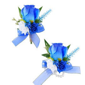 Floinla Royal Blue Corsage and Boutonniere Set for Wedding Prom, Artificial Rose Flower Homecoming Corsage Wristlet, Boutonniere for Men Wedding Suit Decor