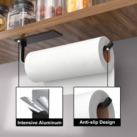 niffgaff Paper Towel Holder - Self-Adhesive or Drilling, Matte Black, Upgraded Aluminum Kitchen Roll Dispenser Under Cabinet, Lighter but Stronger Than Stainless Steel!