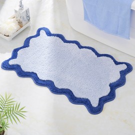 DyeFury Luxury Cute Bathroom Rugs, Blue Bath Mat W/Navy Blue Scalloped Edge, Microfiber Aesthetic Trendy Funky Fun Preppy Rug, Extra Soft Bathroom Mat Non-Slip for Tub, Shower, 30'' x 20''
