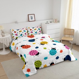Homewish Cartoon Ladybug Comforter Set Twin Size,Rainbow Colorful Flower Bedding Set,Cartoon Animals Plants Quilt Set for Kids Girls Boys Room Decor,Nature Entomology Theme Duvet Insert,1 Pillowcase