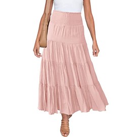 IWEMEK Women Summer Boho Maxi Skirt Ruched Elastic High Waist Casual Ruffle Flowy Swing Tiered Pleated A-Line Holiday Casual Gypsy Vintage Long Skirts Full Length Pink XL