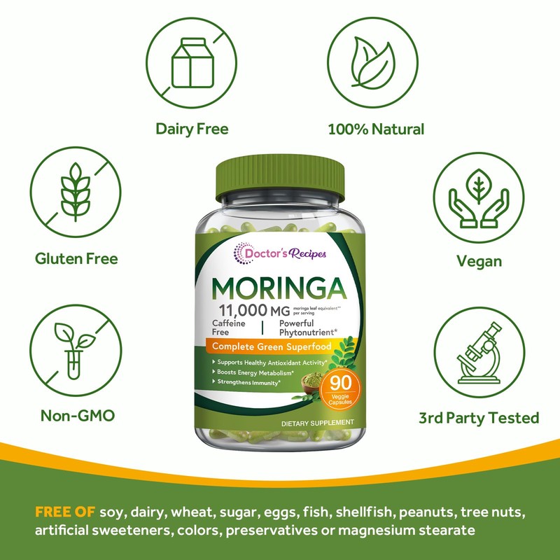 Doctor's Recipes Moringa 11,000 mg Strength, Complete Green Superfood, Natural