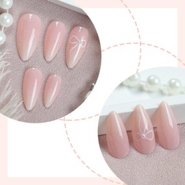 24Pcs False Nails Short Almond - White Gradient French Tips Press on Nails - Fake Nail with White Bow - Acrylic Nail Tips for DIY Manicure at Home - Reusable Stick On Nails for Women