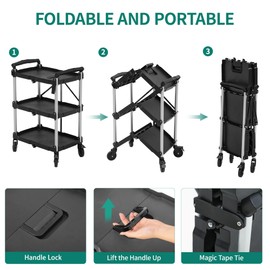 YITAHOME Folding Utility Service Cart, 350LBS 3 Tier Foldable Cart with Wheels Collapsible Cart on Wheels with 360°Swivel Wheels (2 with Brakes), Portable Cart for Home Garage Restaurant Office