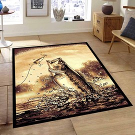 Champion Rugs Fishing Bass Mouth Lodge Cabin Area Rug Living Room Bedroom (5’ 3” X 7’ 5”)