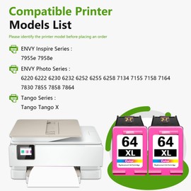 64XL Ink Cartridges High Yield Replacement for HP 64XL Ink Cartridge Combo Pack Envy Photo 7155 7858 7855 Envy Inspire 7255e 7955e Tango Series Printer (2-Pack, 1Black/1Tri-Color)