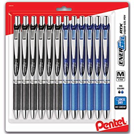 Pentel Energel 0.7 mm Rtx Retractable, 12 Pack of 6 Black & 6 Blue Ink Pens Metal Tip, Medium Point Energel Liquid Gel Ink Pens 0.7 mm