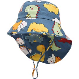 XYIYI Grey Blue Dinosaur Wide Brim Sun Hats with Neck Flap for Kids Boys Quick Dry Beach Caps