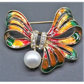 Unbranded Lovely Amber Pearl BOW Gift RIBBON Rhinestone Butterfly CHRISTMAS Holiday Brooch