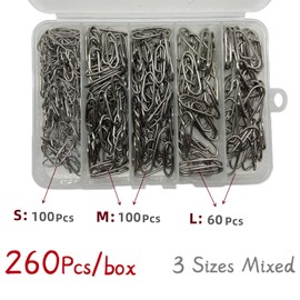 DAMIDEL 260Pcs/Box Stainless Steel Fishing Power Speed Clips (S:100Pcs,M:100Pcs,L:100Pcs) High Strength Fishing Connector Swivels Snaps for Quick Change Fishing Lure Tackle Saltwater Freshwater