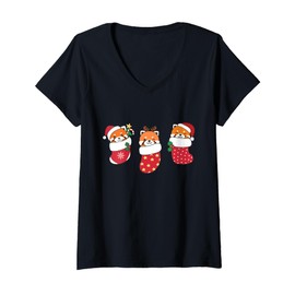 Womens Cute Red Pandas In Christmas Stockings For Christmas Red V-Neck T-Shirt