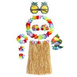 Pack of 8 Hawaiian Hula Grass Skirt Set with Necklace Bracelets for Party Fancy Dress and Tropical Beach for Adults Unisex Headband Flower Bra Hair Clip and Pineapple Sunglasses Party Decoration