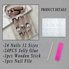 ROFIBUT French Tip Press on Nails Short Square Fake Nails with Bow Charms Designs Black White Zebra Print False Nails Cute Small Flowers Silver Star Nail Rhinestones Stick on Nails for Women 24Pcs