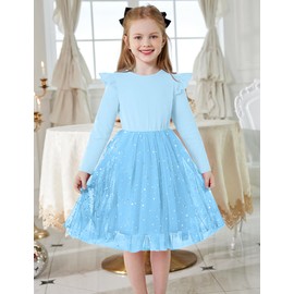 Arshiner Toddler Little Kids Tutu Tulle Dress Long Sleeve Flutter Girls Glitter Wedding Fall Winter Dresses Light Blue 4T