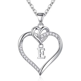 STORUP Heart Necklaces for Women, Cubic Zirconia Heart Pendant Necklace 14K White Gold Plated Heart Initial E Necklace Dainty Heart Necklaces for Women Jewelry Gifts for Women