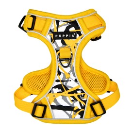 Puppia Abstract Dog Harness H Sturdy Adjustable Neck and Chest Reflective Paint Pattern Front and Back D-Ring for Small and Medium Dogs, Yellow, Medium