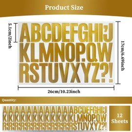 SHUNYINLAI 2 Inch Vinyl Letter Sticker - 300 Pieces Self Adhesive Alphabet Stickers for Outdoors, Mailbox, Bulletin Board, Poster, 12 Sheets Gold