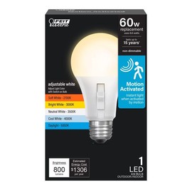 Feit Electric LED Motion Sensor Light Bulb, A19 60W Equivalent, 5CCT, Non-Dimmable, E26 Medium Base, 90 CRI, 800 Lumens, Standard Light Bulb with Switch on Bulb, 15-Year Lifetime, OM60/5CCTCA/MM/LEDI