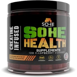 SOHE HEALTH Creatine Infused Gummies 5000 mg – Creatine Monohydrate for Men and Women – Pre Workout Creatine Supplement for Muscle Gain – Chewable Vegan Creatine 120 Raspberry-Flavored Units