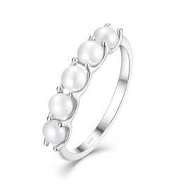 Oskani Freshwater Pearl Stackable Rings for Women 925 Sterling Silver 5 Pearls Diameter 4 mm Half Eternity Engagement Promise Wedding Band Rings Jewelry for Size 8