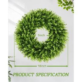 Vlorart 18'' Small Boxwood Wreaths for Front Door, Artificial Wreath with Green Bow for Front Door Wall Window Decor, Summer Fall Greenery for Thanksgiving Christmas Decorations Indoor Outdoor