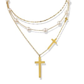 Dainty Layered Cross Necklace Gold Plated Paperclip and Pearl Chain with Horizontal and Vertical Cross Charms, Chic Jewelry for Women’s Gift, Perfect for Women’s Fashion and Everyday Wear