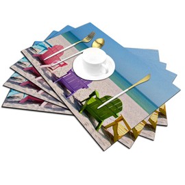 Beach Chair Placemats Set of 4, Beautiful Beach and Colorful Chair Placemats Heat Resistant for Dining Table Non-Slip 18x12 Inches